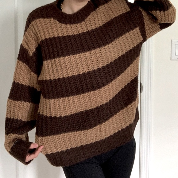 Sweaters - Brown and Tan Striped Knit Sweater